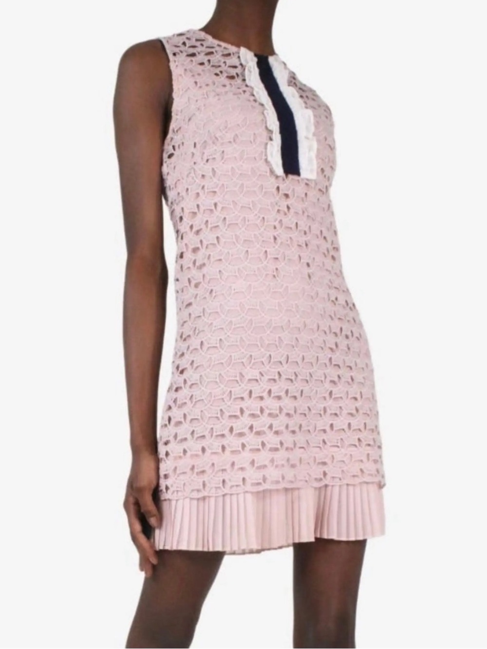 SANDRO |  Blush Pink Crochet Dress with Navy & White Trim